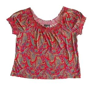 Lauren Ralph Lauren Paisley Print Red Top Size 2X Colorful Smocked Short sleeve